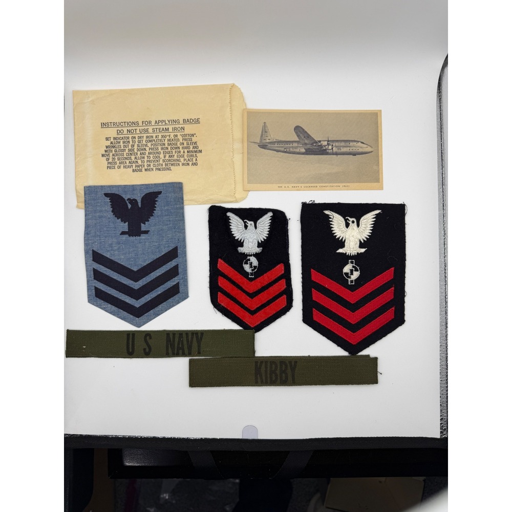 Vintage US‎ Navy PO1 Patches Lot Name Tapes Lockheed Constitution Postcard Kibby